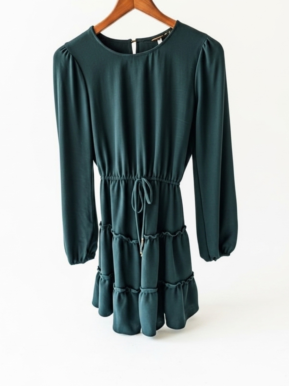Emerald Green Tiered Ruffle Cottagecore Flowy Mini Dress Long Sleeve Size S